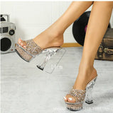 Breakj Glass Hotel Rhinestone Thick With Banquet Slippers Female Summer Transparent Waterproof Platform Thick Bottom Sexy