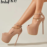 New Fashion Chain Ankle Strap Women High Heels Pole Dance Shoes Cozy PU Leather Peep Toe Stiletto Platform Pumps