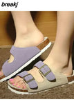 New Summer Men Beach Suede Cork Slipper Couple Shoe Casual Nubuck Leather Women Outdoor Double Buckle Slide
