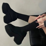 Thick High Heeled Women Stretch Boots 2023 Hot Fashion Knit Stretch Mid Calf Boots Slip On Simply Stylish High