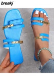Women's Slippers 2023Summer Gold color Thin belt combination Square Head Flat Heel Female plus size outdoor beach women