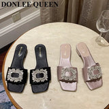 Jewel Slides Women Shoes Open Toe Flat Heels Slip On Mules Crystal Slippers Brand Rhinestone Square Buckle Sandals