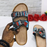 Designer New Retro Ethnic Style Gold Buckle Spot Drill Decorative Hollow Open Toe Women Slippers Flat woman 2023