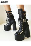 Punk Womens Platform Boots Black Buckle Strap Zipper Creeper Wedges Shoes Mid Calf Military Combat Boots Winter De
