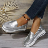 Women 2023 Autumn Sliver Gold Platform Sneakers Slip On Pu Loafers Vulcanized Shoes Casual Ladies Wedges Moccasins Plus