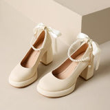 Breakj Jane Shoes In The Spring Of 2024 New Bow Pearl With High Heels Fairy Wind Coarse Single