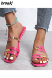 Women's Slippers 2023Summer Gold color Thin belt combination Square Head Flat Heel Female plus size outdoor beach women