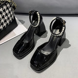 lace Bowknot Pearls Strap Platform Pumps Women Thick Heels Mary Jean Shoes Woman Square Toe High Heeled Shoes