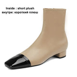 Women Genuine Leather Ankle Boots Square Toe Flat Ladies Zipper Mixed Colors Short Boot Autumn Winter Shoes Beige