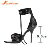 Thin High Women Sandals Fashion Summer 2023 Rivets Tassel Belt Buckle Genuine Leather Sandals High Quality Party