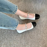 Spring Autumn Style Small Fragrance Pearl Flat Bottom Mary Jane Leather Shoes Thick Heel Thick Bottom Single Shoes