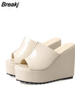 Concise Leather Peep Toe Wedges Slippers Sandals Women 12 CM High Heels Female Platform