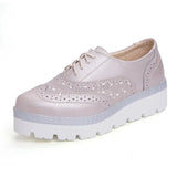 Spring Genuine Leather Brogue Shoes Women Silver Flat Platform Height Increasing 7cm Loafers Shoes For Women Big