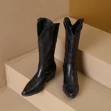 Women Pleated High Heels Western Cowboy Boots Autumn Winter Pointed Toe Pu Leather Long Boot Woman Black Knight Botas