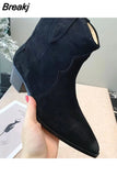Women's Ankle Boots England Crude Heel Woman Boots Cow Leather Solid Color Pointed Toe Botas De Mujer Cowboy Boots For