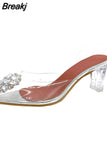 One Word Belt Sandals Crystal Sandals Women's Summer Rhinestone Transparent High Heels Outer Wear Baotou Half