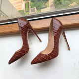 Coffee Brown Crocodile Effect Women Pointy Toe High Heel Party Shoes Soft Comfortable Sexy Stiletto Pumps Plus