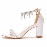 Queen Women Gladiator Sandals Sexy White String Bead High Heels Summer Party Dress Shoes Buckles Pumps Size