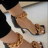 White Square Toe Sandals Women Unique Thin High Heels Back Zip Open Toes Metal Chains Decor Runway Sandalias Big Plus Szie