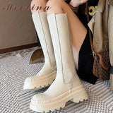 Women Genuine Leather Knee High Chelsea Boots Round Toe Platform Thick High Heel Zipper Ladies Long Boot Autumn Shoes