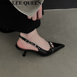Slingback Sandals Women Med Heels Pumps Rivet Shoes Elegant Pointed Toe Female Mules Dress Slides Denim Sandalias