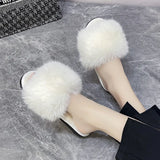 Fur Slippers Home Women Indoor Furry Soft Fluffy Plush Platform Flat Cotton Slippers Plus Size 43 House