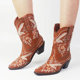 Boots For Women Pointed Toe Embriodery Mid Calf Boots Vintage Pull On Western Ankle Ridding Boots Autumn