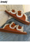 Winter Women Buckle Fluffy Slipper Casual Fashion Platform Soft Artificial Fur Slides