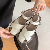 Size 35-40 Women Sandals Retro Rome Real Leather Low Heels Shoes For Women Summer 2023 Buckle Strap Platform