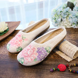 Breakj Single Slippers / Cotton Slippers Linen Peony Embroidered Round Head Flat Cloth Shoes Sandals Embroidered Women's