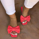 Summer Plus Size One-line Solid Color Bow Flat Sandals Outdoor Beach Slippers Elegant Women Shoes