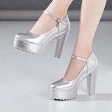 Heel 12Cm Cheongsam Model Catwalk Shoes Women's Thick Heel Thick-Soled Waterproof Platform Non-Slip Round Head Soft Leather Large-Size Single