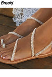 Ladies Summer Flat Sandals Sweet Boho Pearl Decoration Sandals Leather Flats Plus Size 43 Women Beach Sand Holiday