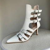 Summer Woman Boots Pointed Toe Split Leather Ladies Shoes 7 CM European Gladiator Botas Autumn Buckle Shoes Roman