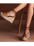 Summer New Luxury Women's Sandals Fashion and Comfortable Leather Straw Thick Bottom Super High Heel Wedge Heel
