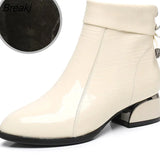 New Ankle Boots Women Pointed Toe Thick Heels Genuine Patent Leather Shoes Short Boots Soft Sole Footwear Plus Size