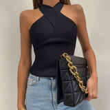 Women Fashion Solid Cropped Knitted Tops Female Casual Cross V-Neck Out Shoulder Chic