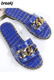 Size 35-43 Flat Leopard Women'S Slippers New European American Metal Chain Square Toe Flat Shoes Women'S Sandals