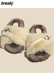 Winter Women Cross Fluffy Slipper Casual Fashion Metal Buckle Artificial Plush Inside Soft Slides