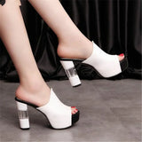 Ladies Leather Sole Slippers Women Sexy High Heel Mules Black Peep Toe Platform Mules Sandals