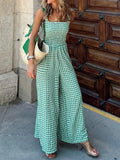 Summer Hollow Wide Leg Pants Overalls Women Retro Plaid Print Elegant Boho Jumpsuit 2022 Off Shoulder Office Backless