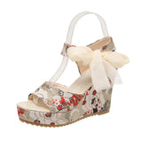 Breakj Slope Heel Sandals Women 2025 Bohemian Embroidered Toe High-Heeled Lace Lace Strap Fish