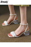 High Quality Shoes for Women Fashion Pearl Sexy Open Toe Sandals Summer The New Elegant Pleated Ice Silk Lace Women