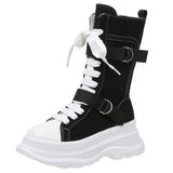 Green Chunky Mid Calf Canvas Boots Women Autumn Side Zipper Thick Bottom Motorcycle Boots Woman Lace Up Platform