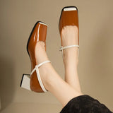Toe Single Shoes for Women Thick Heels Shallow Mary Jane Shoes Patent Leather French Elegant High Heels Leather