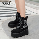 Retro Gothic Style Embroidered Flower Boots Women Platform Wedge Black Suede Heel Thick Bottom Ankle Boots With