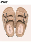 New Winter Plush Inside Women Slipper Casual Fashion Home Buckle Artificial Fur Slip on Soft Slides
