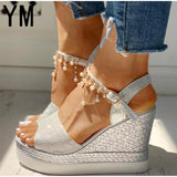 2020 New Women Wedge Sandals Summer Bead Studded Detail Platform Sandals Buckle Strap Peep Toe Thick Bottom Casual Shoes
