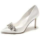 white Champagne Women Bridal Wedding Shoes Faux Silk Satin Rhinestone Crystal Shallow Pumps Stiletto High