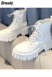 Sole Lace Up Combat Booties Female Platform Shoes Woman Women White Ankle Boots PU Leather Botas Mujer Chaussure